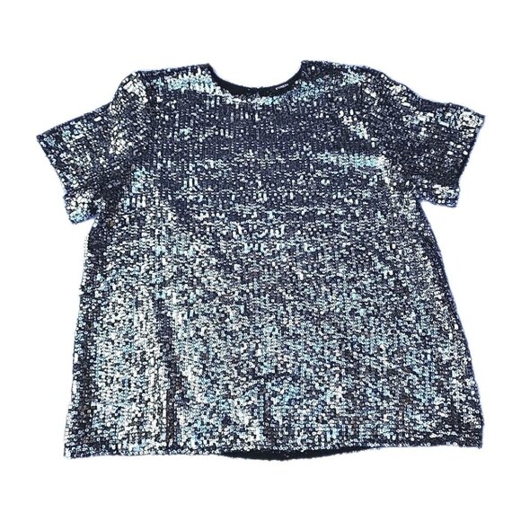 Express Silver Sequin Sparkly Party Disco Lined Short Sleeved Top Shirt Size XL - Picture 2 of 8